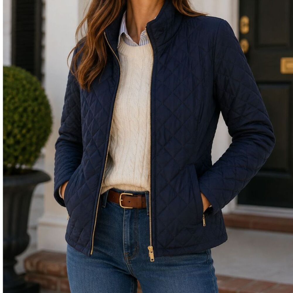 J.Crew Factory Quilted Jacket Navy Blue Gold Zip Preppy Quiet Luxury M